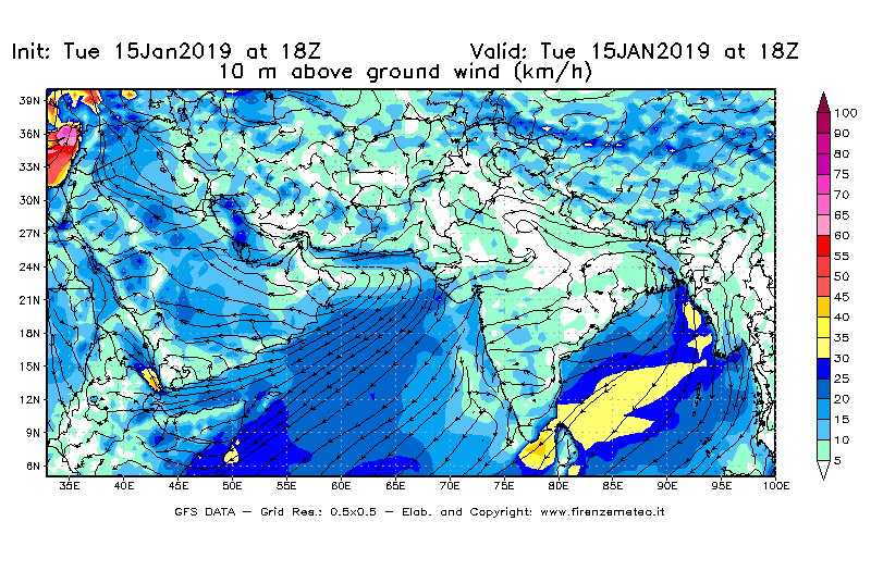 Mappa di analisi GFS - Velocità del vento a 10 metri dal suolo [km/h] in Asia Sud-Occidentale
							del 15/01/2019 18 <!--googleoff: index-->UTC<!--googleon: index-->