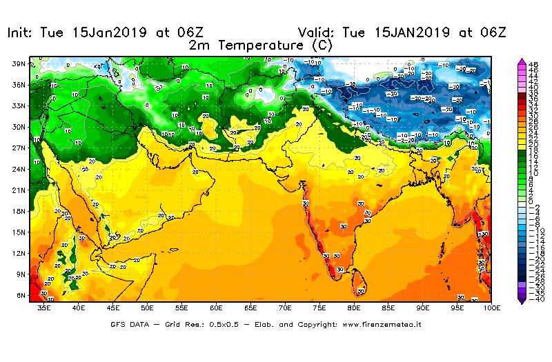 Mappa di analisi GFS - Temperatura a 2 metri dal suolo [°C] in Asia Sud-Occidentale
							del 15/01/2019 06 <!--googleoff: index-->UTC<!--googleon: index-->