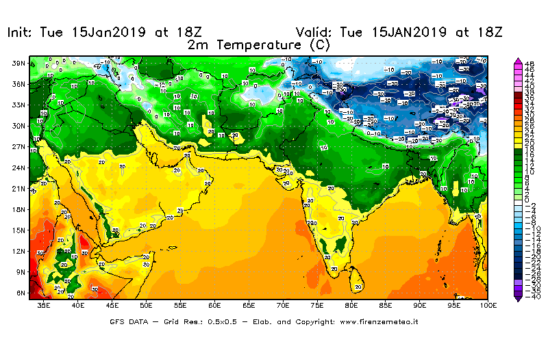 Mappa di analisi GFS - Temperatura a 2 metri dal suolo [°C] in Asia Sud-Occidentale
							del 15/01/2019 18 <!--googleoff: index-->UTC<!--googleon: index-->