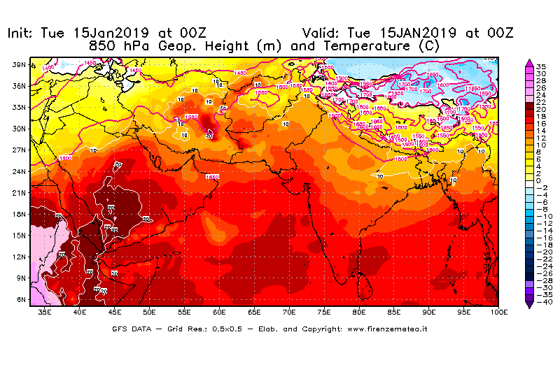 Mappa di analisi GFS - Geopotenziale [m] e Temperatura [°C] a 850 hPa in Asia Sud-Occidentale
							del 15/01/2019 00 <!--googleoff: index-->UTC<!--googleon: index-->