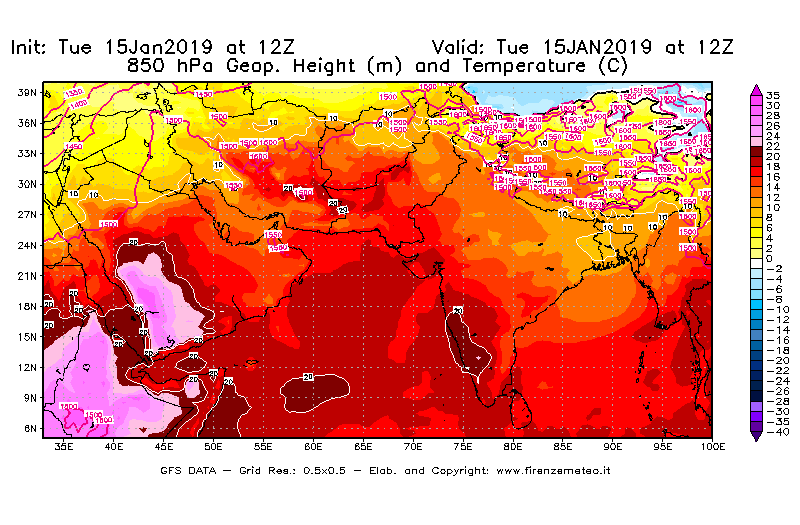 Mappa di analisi GFS - Geopotenziale [m] e Temperatura [°C] a 850 hPa in Asia Sud-Occidentale
							del 15/01/2019 12 <!--googleoff: index-->UTC<!--googleon: index-->