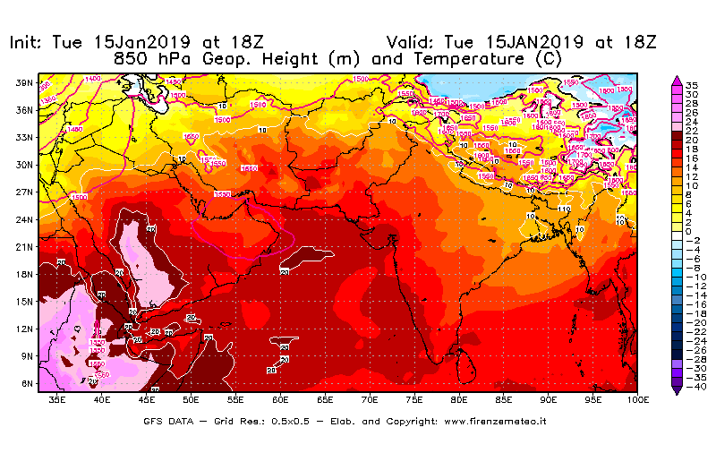 Mappa di analisi GFS - Geopotenziale [m] e Temperatura [°C] a 850 hPa in Asia Sud-Occidentale
							del 15/01/2019 18 <!--googleoff: index-->UTC<!--googleon: index-->