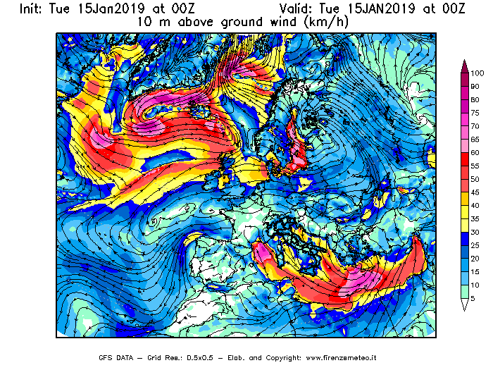 Mappa di analisi GFS - Velocità del vento a 10 metri dal suolo [km/h] in Europa
							del 15/01/2019 00 <!--googleoff: index-->UTC<!--googleon: index-->