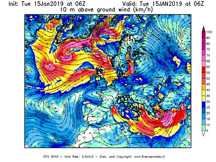 Mappa di analisi GFS - Velocità del vento a 10 metri dal suolo [km/h] in Europa
							del 15/01/2019 06 <!--googleoff: index-->UTC<!--googleon: index-->