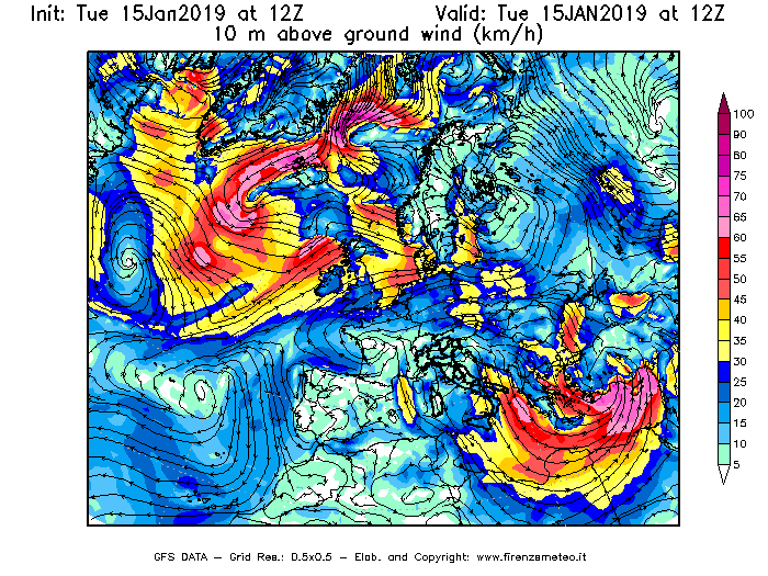 Mappa di analisi GFS - Velocità del vento a 10 metri dal suolo [km/h] in Europa
							del 15/01/2019 12 <!--googleoff: index-->UTC<!--googleon: index-->