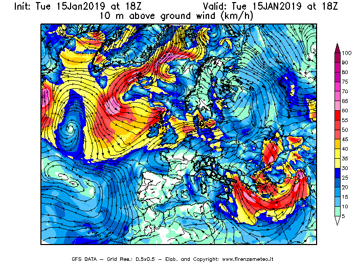 Mappa di analisi GFS - Velocità del vento a 10 metri dal suolo [km/h] in Europa
							del 15/01/2019 18 <!--googleoff: index-->UTC<!--googleon: index-->
