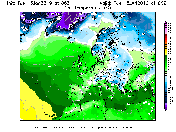 Mappa di analisi GFS - Temperatura a 2 metri dal suolo [°C] in Europa
							del 15/01/2019 06 <!--googleoff: index-->UTC<!--googleon: index-->