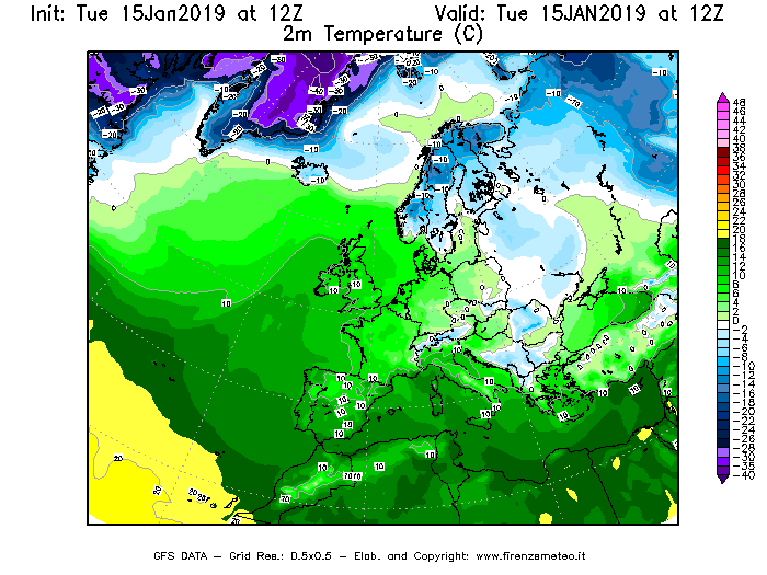 Mappa di analisi GFS - Temperatura a 2 metri dal suolo [°C] in Europa
							del 15/01/2019 12 <!--googleoff: index-->UTC<!--googleon: index-->