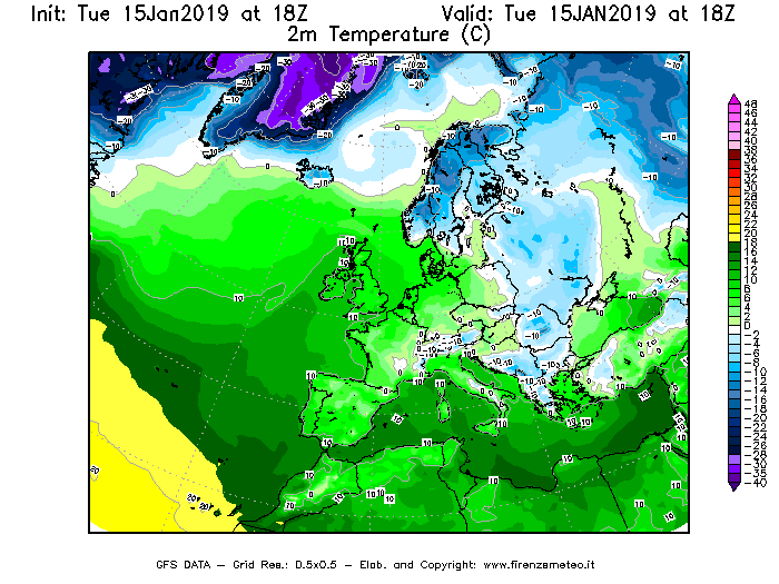 Mappa di analisi GFS - Temperatura a 2 metri dal suolo [°C] in Europa
							del 15/01/2019 18 <!--googleoff: index-->UTC<!--googleon: index-->