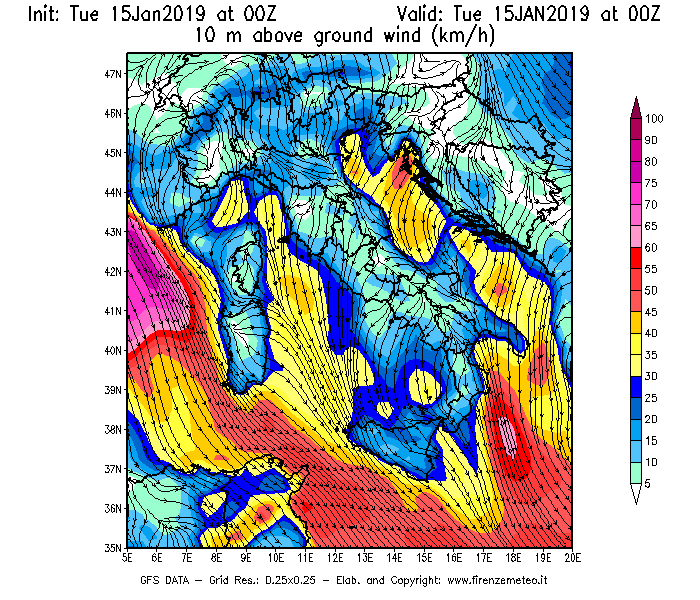 Mappa di analisi GFS - Velocità del vento a 10 metri dal suolo [km/h] in Italia
							del 15/01/2019 00 <!--googleoff: index-->UTC<!--googleon: index-->