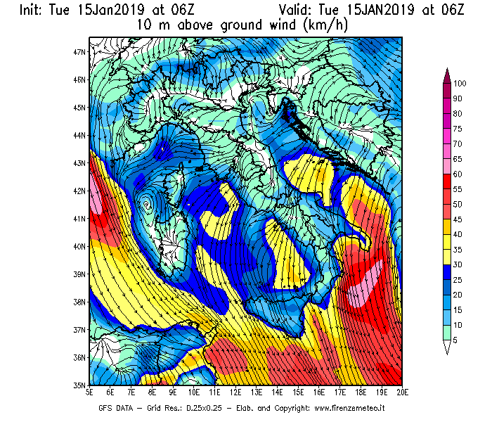 Mappa di analisi GFS - Velocità del vento a 10 metri dal suolo [km/h] in Italia
							del 15/01/2019 06 <!--googleoff: index-->UTC<!--googleon: index-->