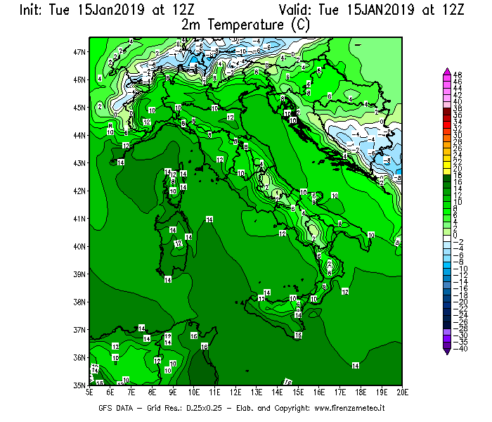 Mappa di analisi GFS - Temperatura a 2 metri dal suolo [°C] in Italia
							del 15/01/2019 12 <!--googleoff: index-->UTC<!--googleon: index-->