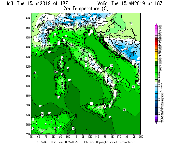 Mappa di analisi GFS - Temperatura a 2 metri dal suolo [°C] in Italia
							del 15/01/2019 18 <!--googleoff: index-->UTC<!--googleon: index-->
