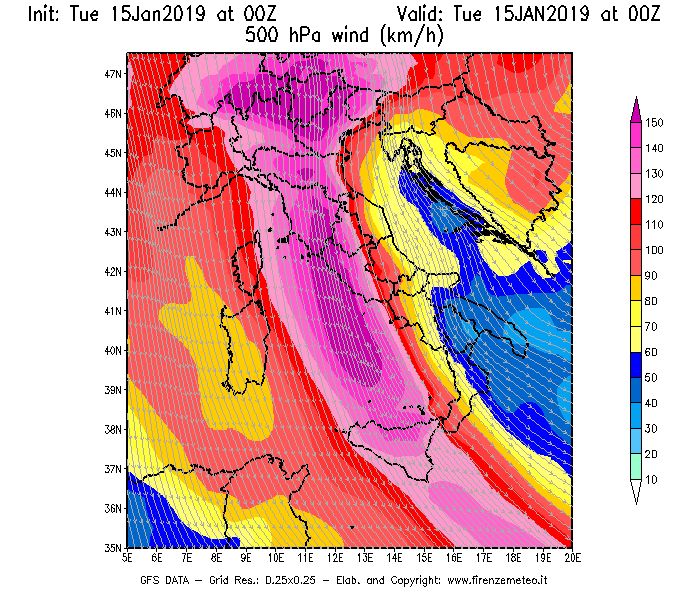Mappa di analisi GFS - Velocità del vento a 500 hPa [km/h] in Italia
							del 15/01/2019 00 <!--googleoff: index-->UTC<!--googleon: index-->