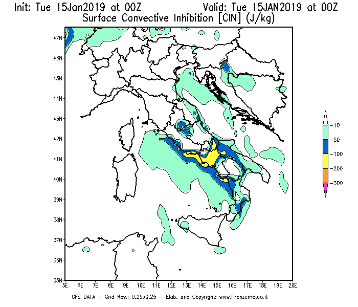 Mappa di analisi GFS - CIN [J/kg] in Italia
							del 15/01/2019 00 <!--googleoff: index-->UTC<!--googleon: index-->