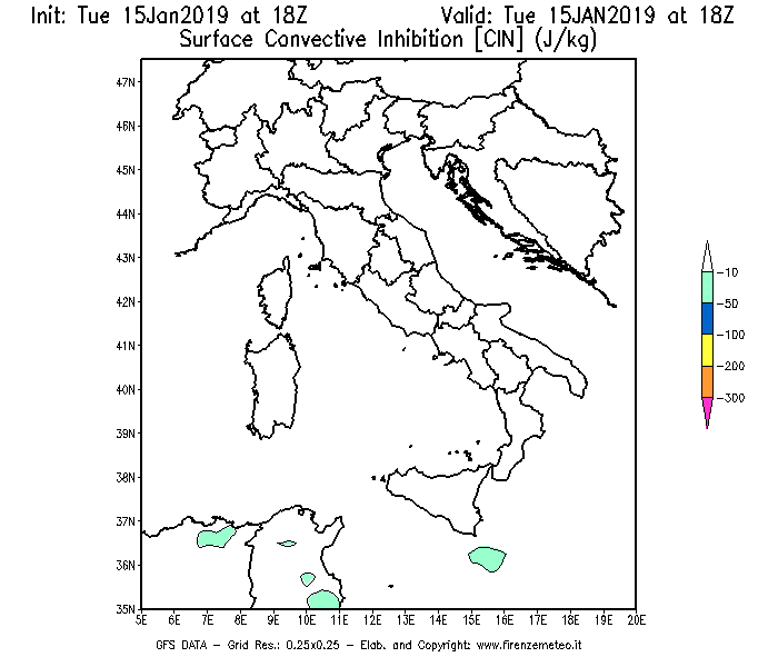 Mappa di analisi GFS - CIN [J/kg] in Italia
							del 15/01/2019 18 <!--googleoff: index-->UTC<!--googleon: index-->