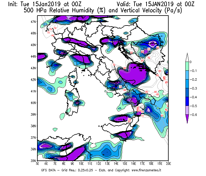 Mappa di analisi GFS - Umidità relativa [%] e Omega [Pa/s] a 500 hPa in Italia
							del 15/01/2019 00 <!--googleoff: index-->UTC<!--googleon: index-->