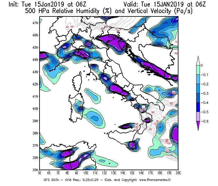 Mappa di analisi GFS - Umidità relativa [%] e Omega [Pa/s] a 500 hPa in Italia
							del 15/01/2019 06 <!--googleoff: index-->UTC<!--googleon: index-->