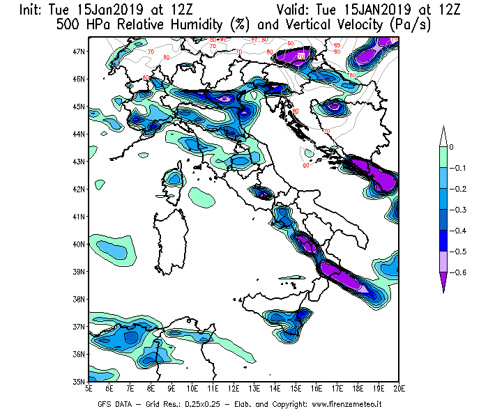 Mappa di analisi GFS - Umidità relativa [%] e Omega [Pa/s] a 500 hPa in Italia
							del 15/01/2019 12 <!--googleoff: index-->UTC<!--googleon: index-->