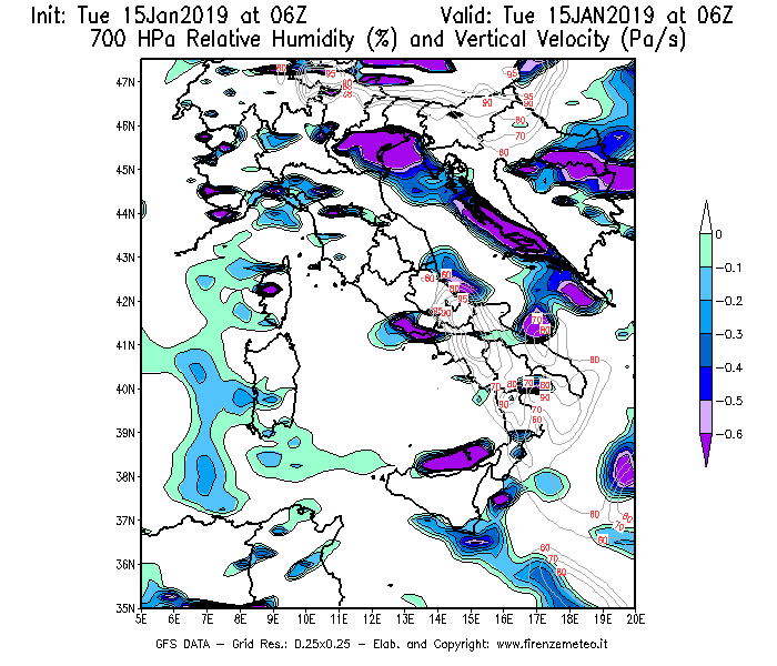 Mappa di analisi GFS - Umidità relativa [%] e Omega [Pa/s] a 700 hPa in Italia
							del 15/01/2019 06 <!--googleoff: index-->UTC<!--googleon: index-->
