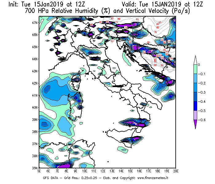 Mappa di analisi GFS - Umidità relativa [%] e Omega [Pa/s] a 700 hPa in Italia
							del 15/01/2019 12 <!--googleoff: index-->UTC<!--googleon: index-->