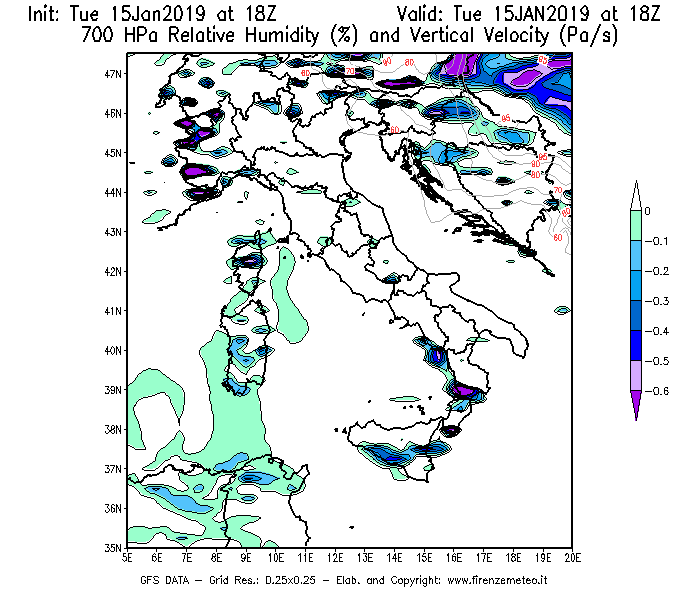 Mappa di analisi GFS - Umidità relativa [%] e Omega [Pa/s] a 700 hPa in Italia
							del 15/01/2019 18 <!--googleoff: index-->UTC<!--googleon: index-->