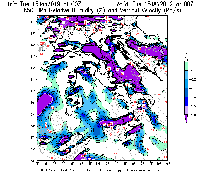 Mappa di analisi GFS - Umidità relativa [%] e Omega [Pa/s] a 850 hPa in Italia
							del 15/01/2019 00 <!--googleoff: index-->UTC<!--googleon: index-->