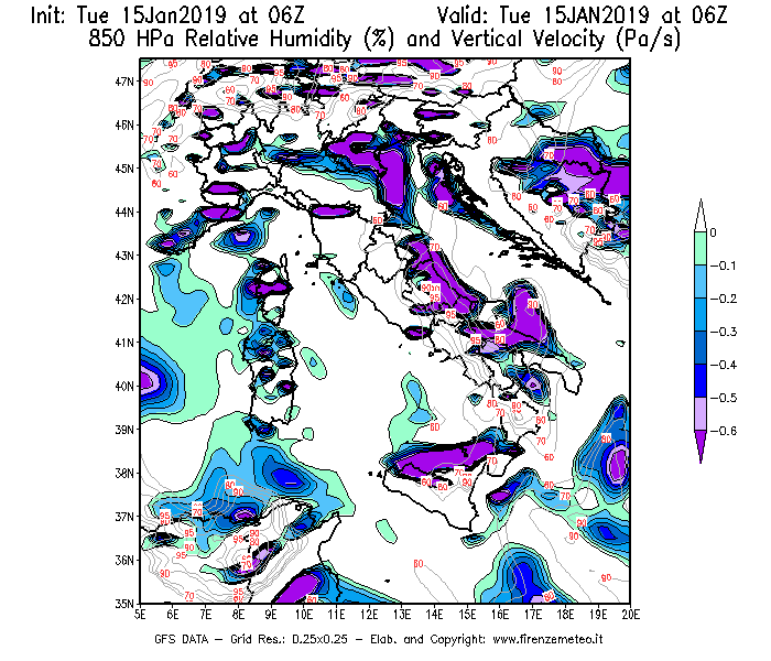 Mappa di analisi GFS - Umidità relativa [%] e Omega [Pa/s] a 850 hPa in Italia
							del 15/01/2019 06 <!--googleoff: index-->UTC<!--googleon: index-->