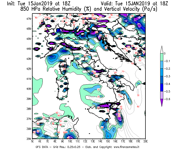 Mappa di analisi GFS - Umidità relativa [%] e Omega [Pa/s] a 850 hPa in Italia
							del 15/01/2019 18 <!--googleoff: index-->UTC<!--googleon: index-->
