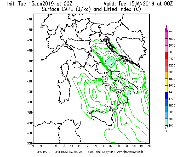 Mappa di analisi GFS - CAPE [J/kg] e Lifted Index [°C] in Italia
							del 15/01/2019 00 <!--googleoff: index-->UTC<!--googleon: index-->