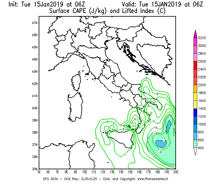 Mappa di analisi GFS - CAPE [J/kg] e Lifted Index [°C] in Italia
							del 15/01/2019 06 <!--googleoff: index-->UTC<!--googleon: index-->