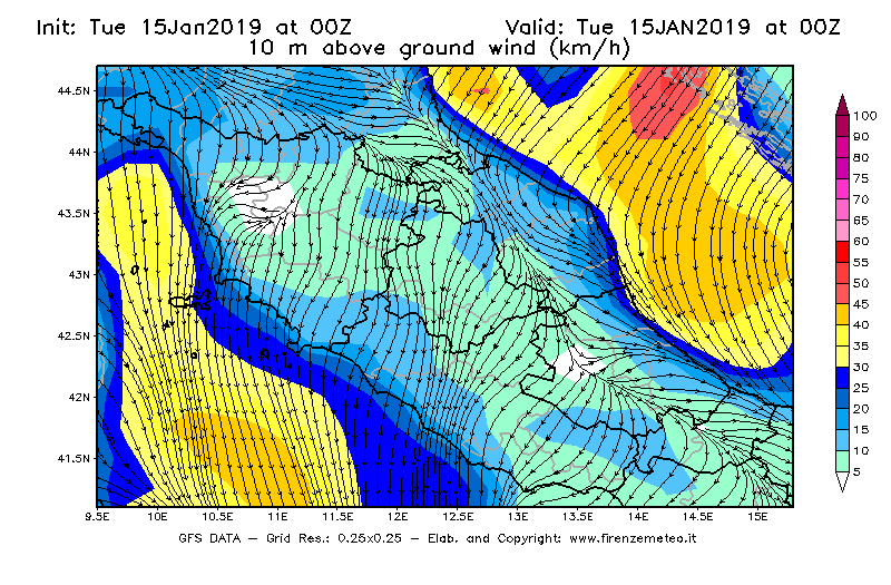 Mappa di analisi GFS - Velocità del vento a 10 metri dal suolo [km/h] in Centro-Italia
							del 15/01/2019 00 <!--googleoff: index-->UTC<!--googleon: index-->