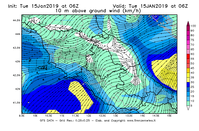 Mappa di analisi GFS - Velocità del vento a 10 metri dal suolo [km/h] in Centro-Italia
							del 15/01/2019 06 <!--googleoff: index-->UTC<!--googleon: index-->