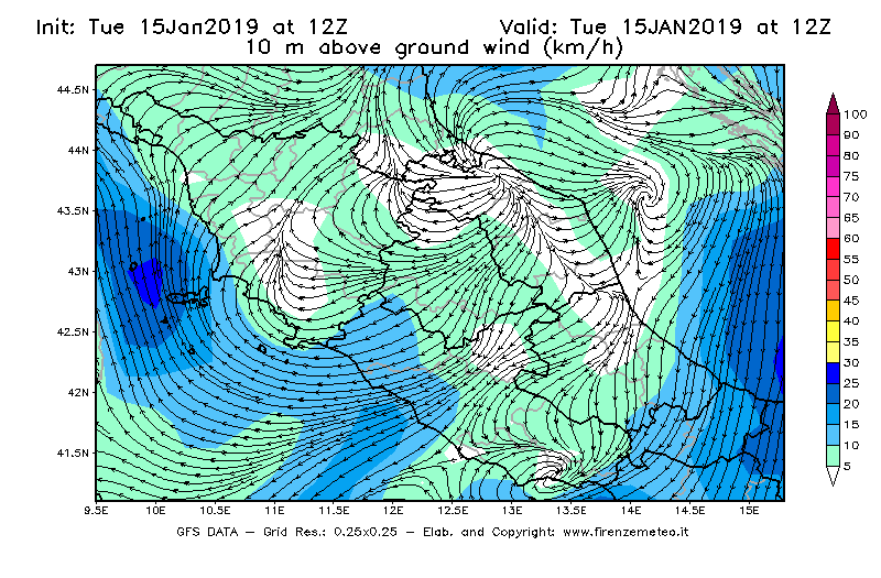 Mappa di analisi GFS - Velocità del vento a 10 metri dal suolo [km/h] in Centro-Italia
							del 15/01/2019 12 <!--googleoff: index-->UTC<!--googleon: index-->