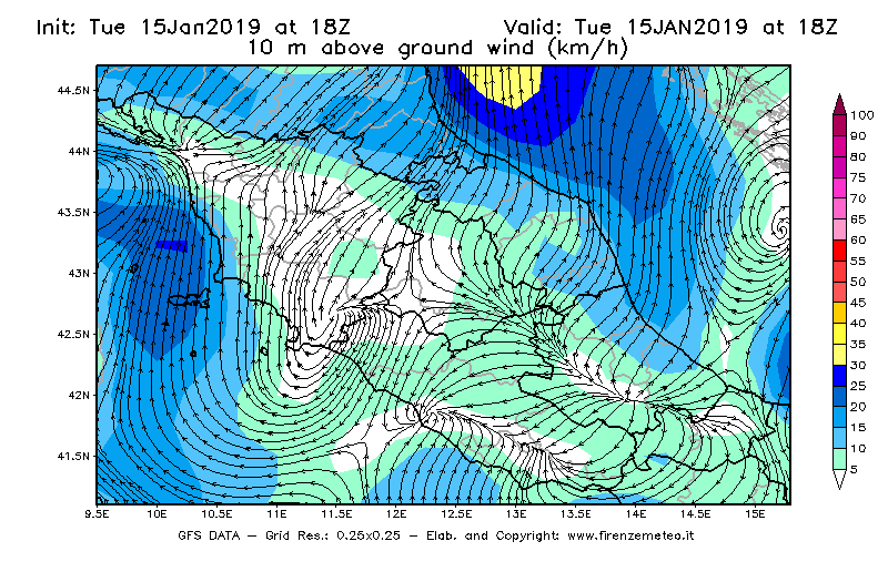 Mappa di analisi GFS - Velocità del vento a 10 metri dal suolo [km/h] in Centro-Italia
							del 15/01/2019 18 <!--googleoff: index-->UTC<!--googleon: index-->