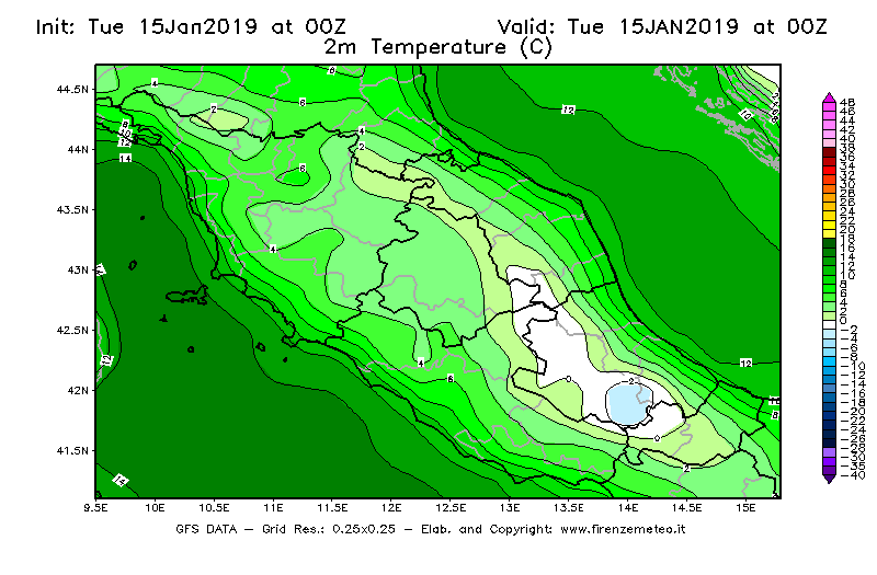 Mappa di analisi GFS - Temperatura a 2 metri dal suolo [°C] in Centro-Italia
							del 15/01/2019 00 <!--googleoff: index-->UTC<!--googleon: index-->