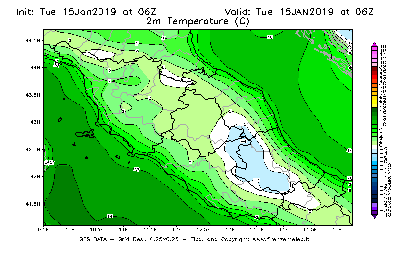 Mappa di analisi GFS - Temperatura a 2 metri dal suolo [°C] in Centro-Italia
							del 15/01/2019 06 <!--googleoff: index-->UTC<!--googleon: index-->