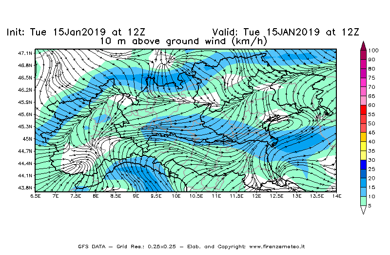 Mappa di analisi GFS - Velocità del vento a 10 metri dal suolo [km/h] in Nord-Italia
							del 15/01/2019 12 <!--googleoff: index-->UTC<!--googleon: index-->