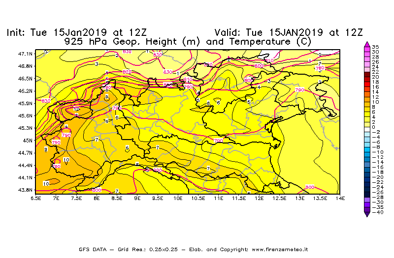 Mappa di analisi GFS - Geopotenziale [m] e Temperatura [°C] a 925 hPa in Nord-Italia
							del 15/01/2019 12 <!--googleoff: index-->UTC<!--googleon: index-->