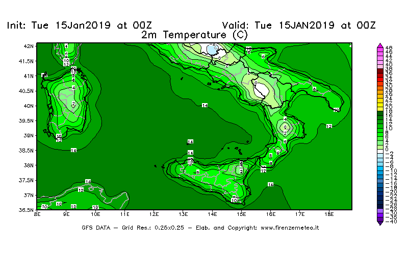 Mappa di analisi GFS - Temperatura a 2 metri dal suolo [°C] in Sud-Italia
							del 15/01/2019 00 <!--googleoff: index-->UTC<!--googleon: index-->