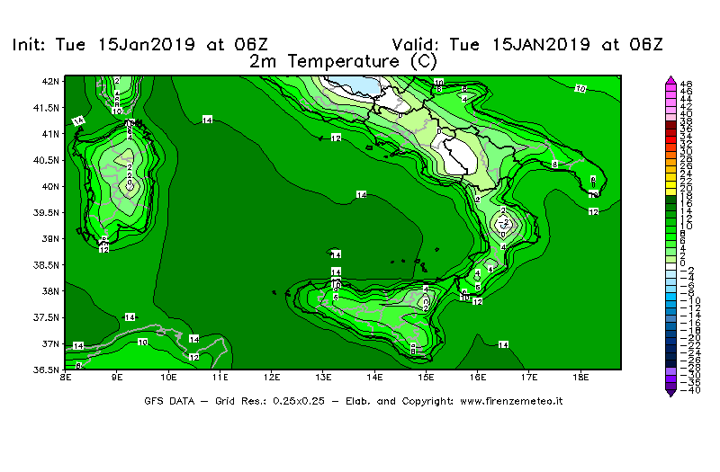 Mappa di analisi GFS - Temperatura a 2 metri dal suolo [°C] in Sud-Italia
							del 15/01/2019 06 <!--googleoff: index-->UTC<!--googleon: index-->