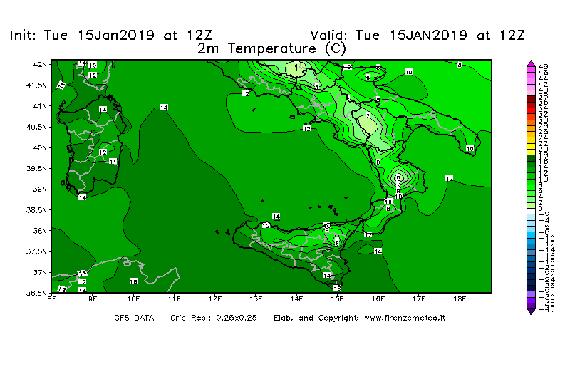 Mappa di analisi GFS - Temperatura a 2 metri dal suolo [°C] in Sud-Italia
							del 15/01/2019 12 <!--googleoff: index-->UTC<!--googleon: index-->