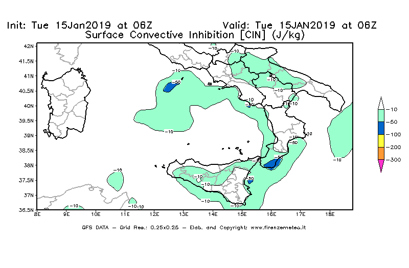 Mappa di analisi GFS - CIN [J/kg] in Sud-Italia
							del 15/01/2019 06 <!--googleoff: index-->UTC<!--googleon: index-->