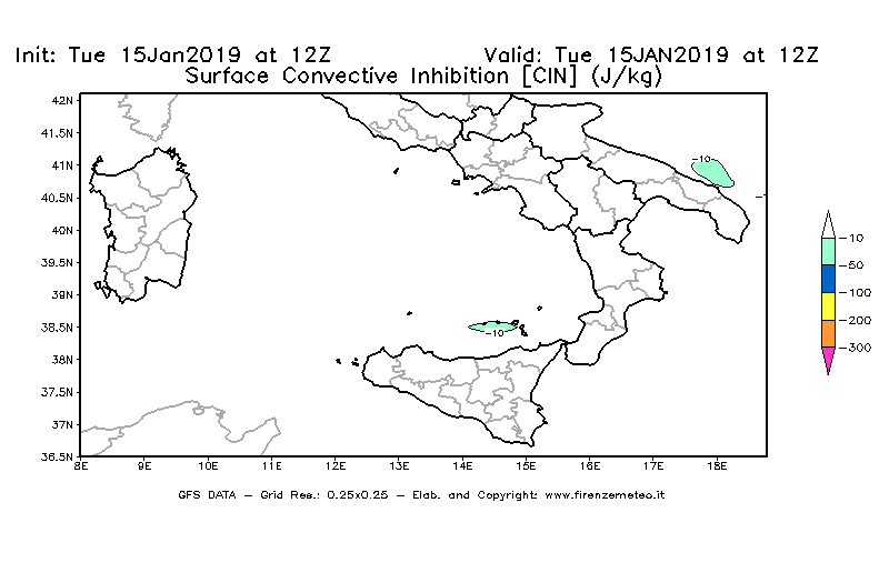 Mappa di analisi GFS - CIN [J/kg] in Sud-Italia
							del 15/01/2019 12 <!--googleoff: index-->UTC<!--googleon: index-->