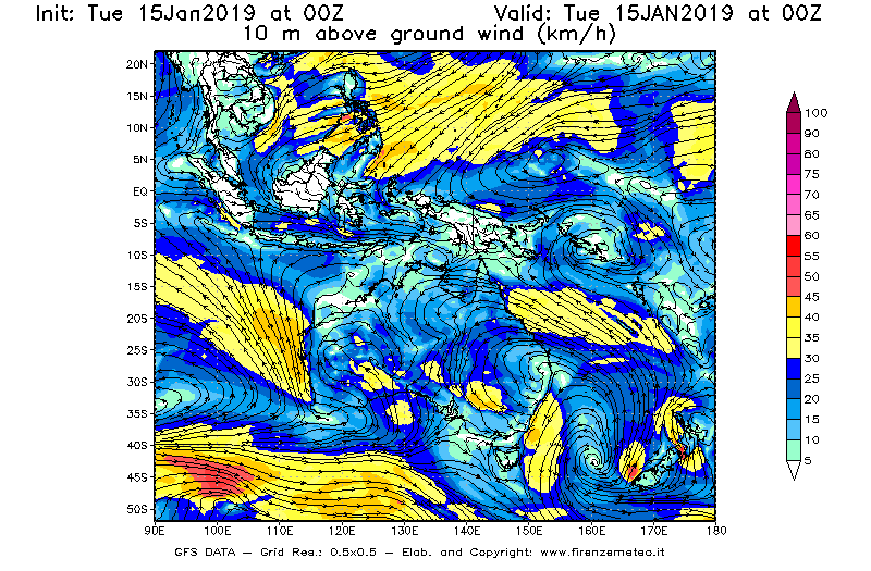 Mappa di analisi GFS - Velocità del vento a 10 metri dal suolo [km/h] in Oceania
							del 15/01/2019 00 <!--googleoff: index-->UTC<!--googleon: index-->