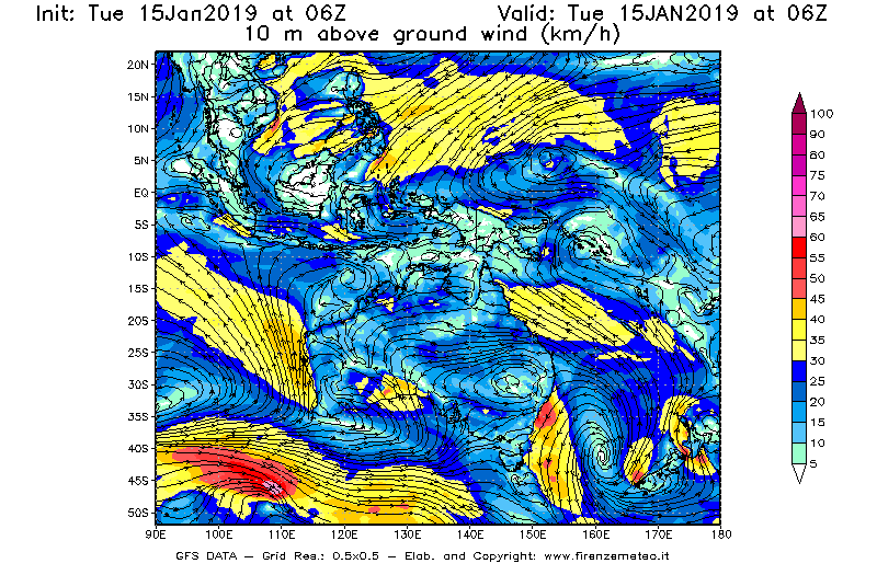 Mappa di analisi GFS - Velocità del vento a 10 metri dal suolo [km/h] in Oceania
							del 15/01/2019 06 <!--googleoff: index-->UTC<!--googleon: index-->