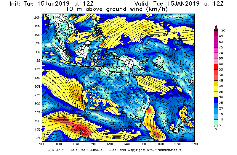 Mappa di analisi GFS - Velocità del vento a 10 metri dal suolo [km/h] in Oceania
							del 15/01/2019 12 <!--googleoff: index-->UTC<!--googleon: index-->