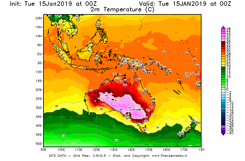 Mappa di analisi GFS - Temperatura a 2 metri dal suolo [°C] in Oceania
							del 15/01/2019 00 <!--googleoff: index-->UTC<!--googleon: index-->