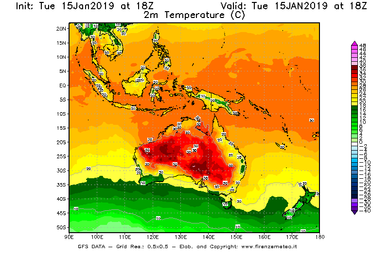 Mappa di analisi GFS - Temperatura a 2 metri dal suolo [°C] in Oceania
							del 15/01/2019 18 <!--googleoff: index-->UTC<!--googleon: index-->