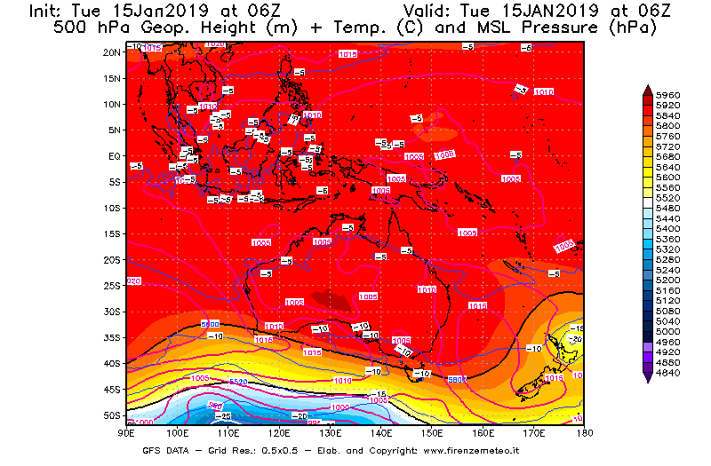Mappa di analisi GFS - Geopotenziale [m] + Temp. [°C] a 500 hPa + Press. a livello del mare [hPa] in Oceania
							del 15/01/2019 06 <!--googleoff: index-->UTC<!--googleon: index-->